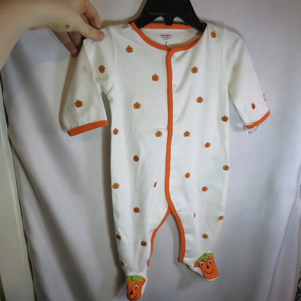Baby Pumpkin Jack O' Lantern bodysuit footed w Orange Hat Halloween Costume